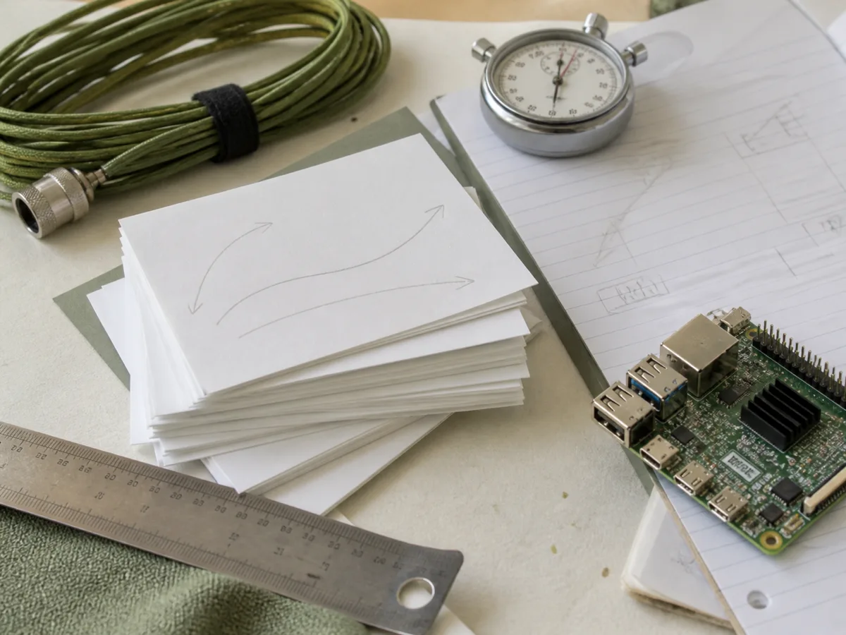 An overhead view of a research desk: a stack of index cards marked with pencil arrows, a mechanical stopwatch, a coiled cable, a steel rule and a small single-board computer resting on lined paper.